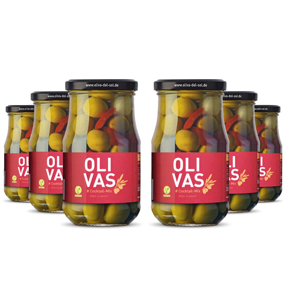 6er Set OLIVAS Cocktail-Mix - Grüne & Schwarze Oliven, Silberzwiebeln, Gewürzgurken und Paprika