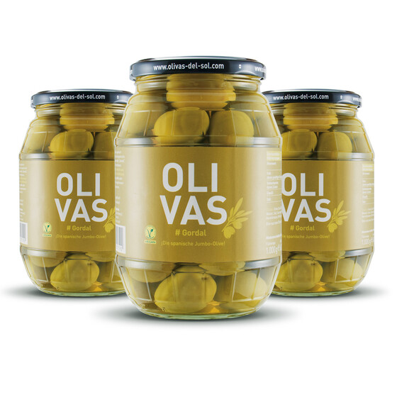 3er Set OLIVAS Gordal - spanische XXL-Riesenoliven - die Dicken im Jumbo-Format